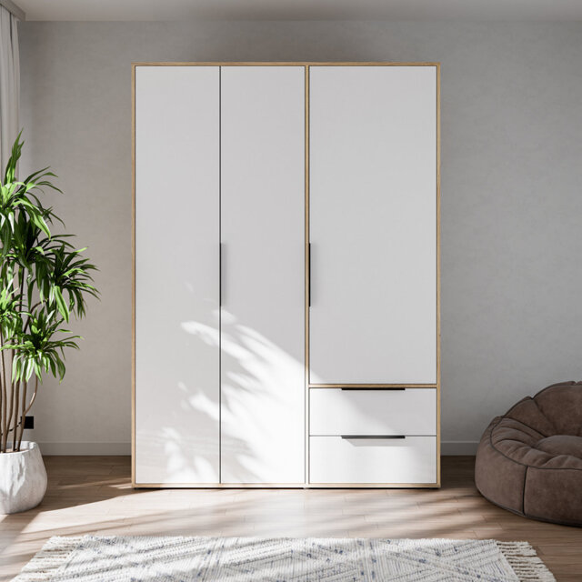 Contemporary minimalistic wardrobe with 3 doors and 2 drawers, bedroom, engineered wood, warm oak decor/white, 144.4 cm W x 200.1 cm H x 59 cm D