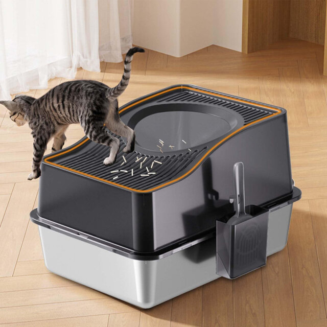 Enclosed Stainless Steel Cat Litter Box with Lid, High Sided Large Kitty Toilet with Scoop & Non-Slip Mat, 60×40cm