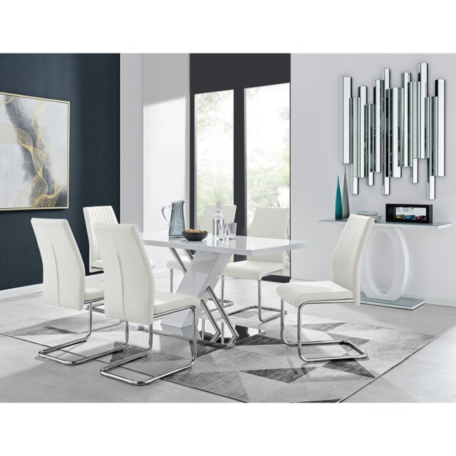 Sorro Cross Luxury High Gloss & Chrome Dining Table Set with 6 Upholstered Faux Leather Chairs