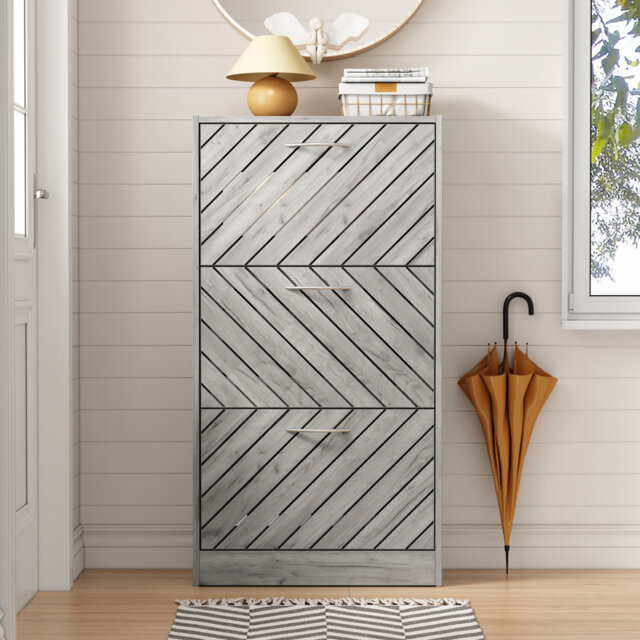 57cm Shoe Storage Cabinet with 3 Flip Drawers - Slim 24cm Deep Entryway Organiser - Grey