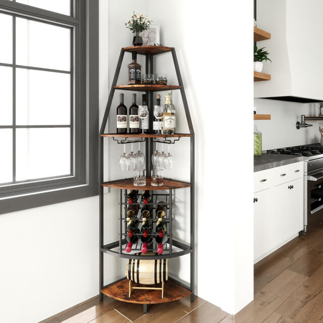 Corner Wine Rack, 5-Tier Freestanding Wooden Wine Cabinet, 18-Bottle Storage with Glass Holder, 172cm