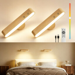 Wood Rechargeable Battery Wall Sconces, Set of 2, LED Indoor Wall Lights with Touch & Remote Control, 360° Magnetic Rotation, 3 Colour Temperatures, D