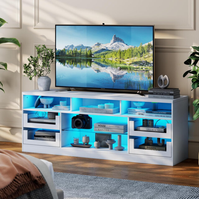 Wooden TV Stand Cabinet, 145 CM Modern TV Unit With RGB LED Lighting & Power Strip, TV Table With Glass Shelves & 4 Drawers For 65 In TV, Entertainmen