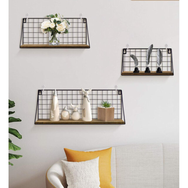 Floating Shelves Wall Mounted Set Of 3, Wire Grid And Wood Storage Shelves