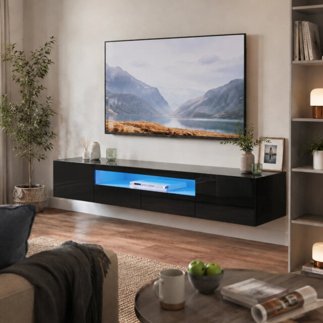 "Agnon High Gloss TV Stand with Led Lights, Wall-mounted TV Cabinet up to 75"""