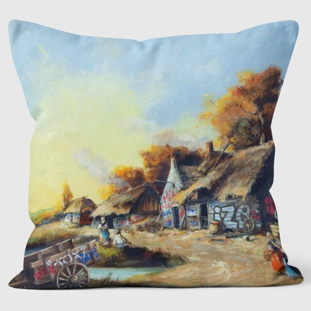 Bombed Village Banksy Inspired - Graffiti Art Cushion