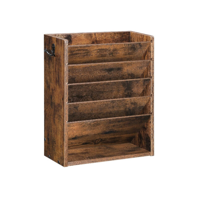 6-Tier Vertical Mount Hanging Holder with 2 Side Hooks, Modern Wooden Magazine Storage Holder