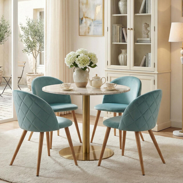 Set of 4 Dining Chairs, Modern Scandinavian Style, Diamond Pattern Backrest, Oak Effect Legs, Green Velvet