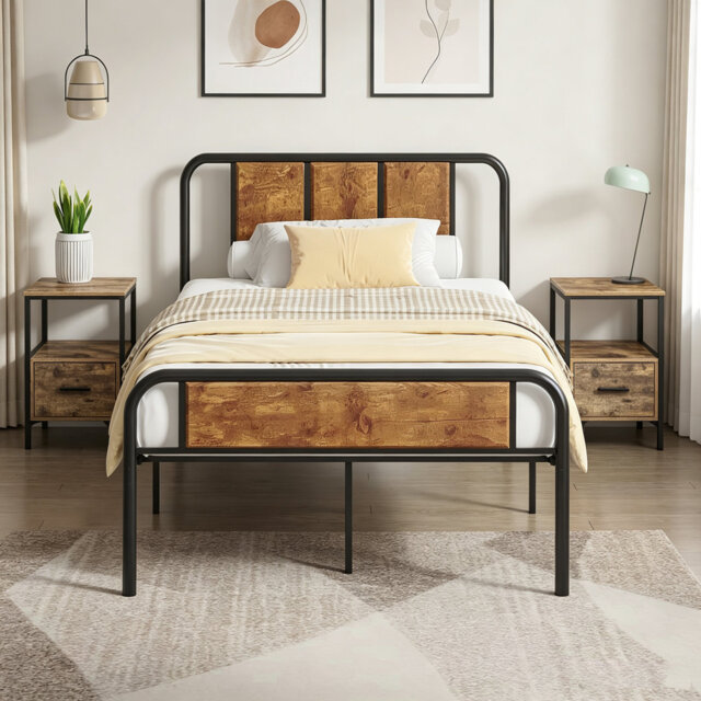 3 Piece Bedroom Set, Industrial Bed Frame with 2 Nightstands Set, Metal Platform Bed with Wood Headboard & Footboard, Farmhouse Bedroom Furniture Set