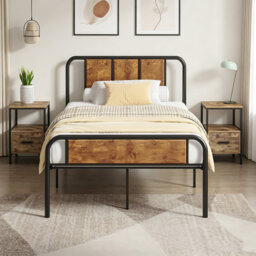 3 Piece Bedroom Set, Industrial Bed Frame with 2 Nightstands Set, Metal Platform Bed with Wood Headboard & Footboard, Farmhouse Bedroom Furniture Set