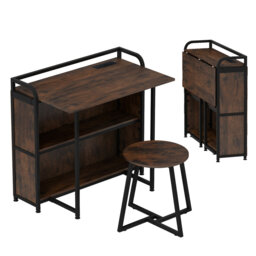 Folding Table With Stool 90 Cm Computer Desk Set With AC Outlets-Brown