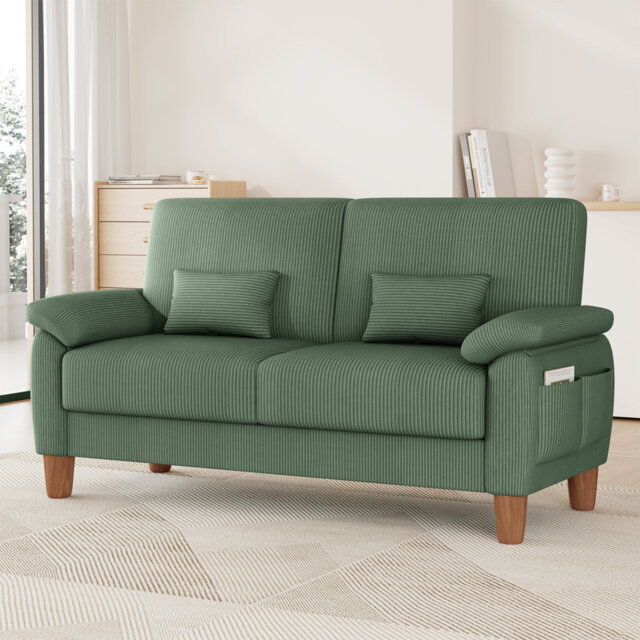 180cm corduroy 2-seater sofa with solid wood frame, spring seat cushion and two throw pillows