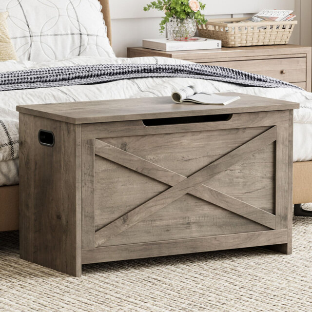 30-Inch Wooden Storage Bench with Safety Hinges â Multifunctional Entryway Chest, Toy Box, and Shoe Organizer â Easy Assembly â Sturdy Design fo