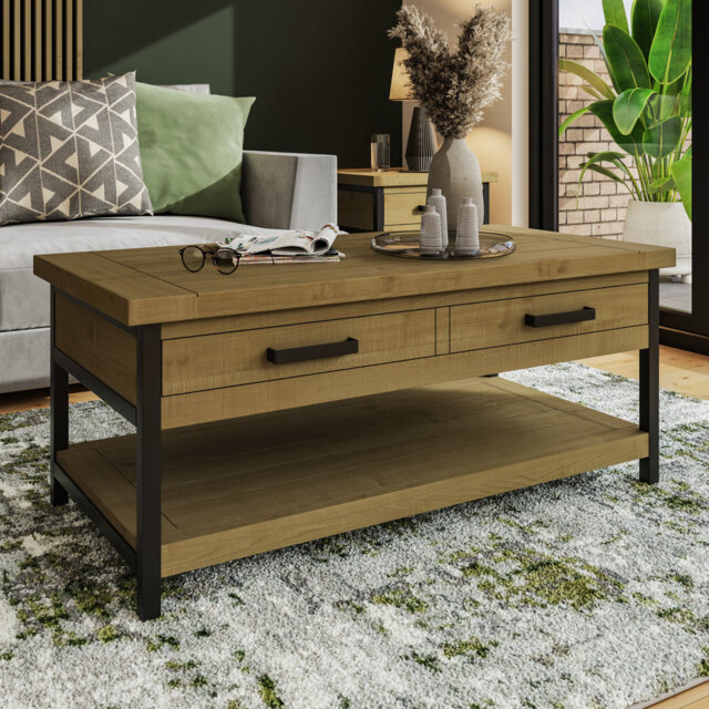 San Diego 2 Drawer Coffee Table With Open Shelf. Solid Wood. Metal Frame