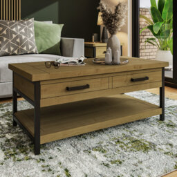 San Diego 2 Drawer Coffee Table With Open Shelf. Solid Wood. Metal Frame