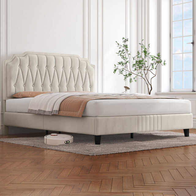Upholstered Bed Frame with with Diamond Button-Tufted Headboard
