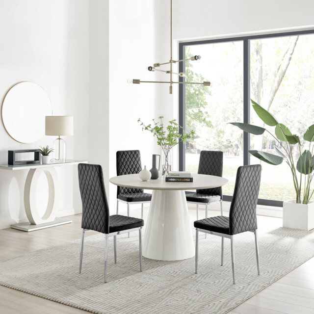 Edzard Statement 4 Person Round Dining Table Set in Luxury Stone Effect - Velvet Dining Chairs