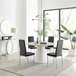 Edzard Statement 4 Person Round Dining Table Set in Luxury Stone Effect - Velvet Dining Chairs