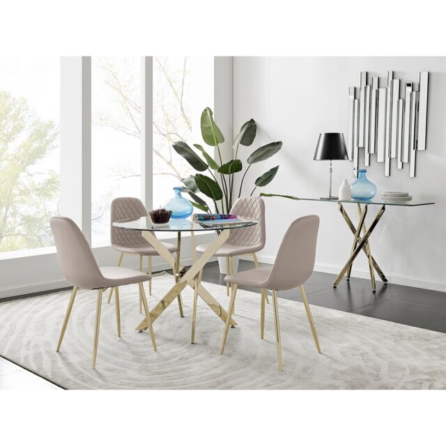 Tierra Modern Chrome Metal & Glass Round Dining Table Set with 4 Luxury Faux Leather Chairs