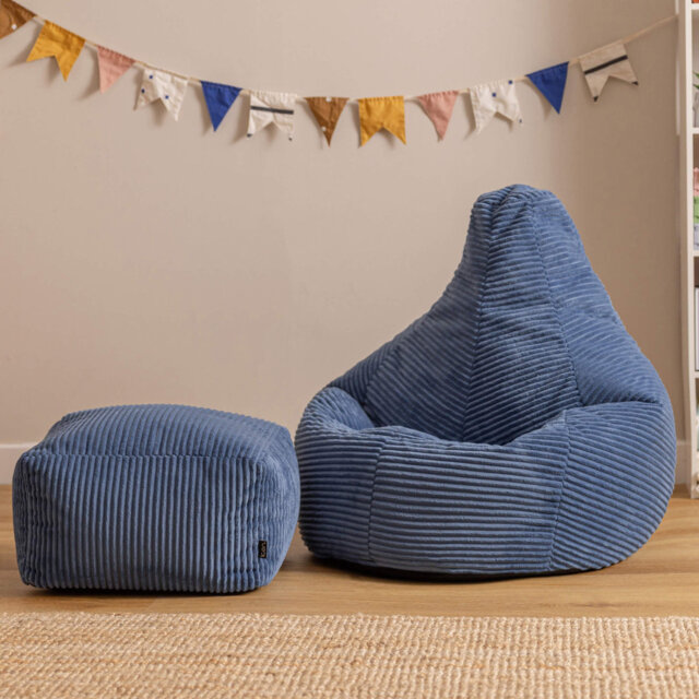 Bean Bag Bazaar Kids Dalton Corduroy Recliner Bean Bag and Square Footstool