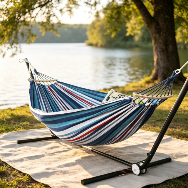 440LBS Large Outdoor Cotton Hammock with Spreader Bars & Tree Straps, Portable Breathable Swing Hammock 270x150cm with Travel Bag