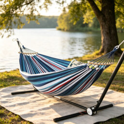 440LBS Large Outdoor Cotton Hammock with Spreader Bars & Tree Straps, Portable Breathable Swing Hammock 270x150cm with Travel Bag