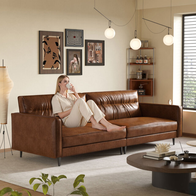 220CM Modern Vintage Brown Waxed Leather Sofa,Apartment Sofa, 2-3 Seater Sofa Couch for Living Room