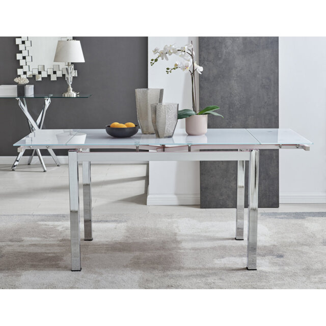 Tierra Modern Glass & Metal Extendable Dining Table Set & 6 Luxury Faux Leather Dining Chairs