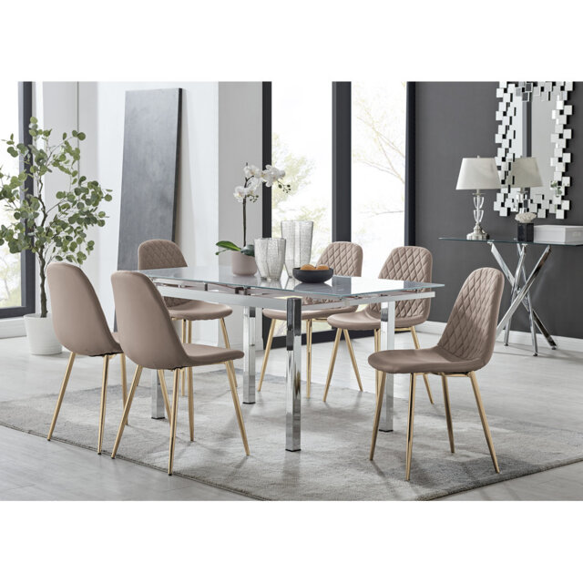 Tierra Modern Glass & Metal Extendable Dining Table Set & 6 Luxury Faux Leather Dining Chairs