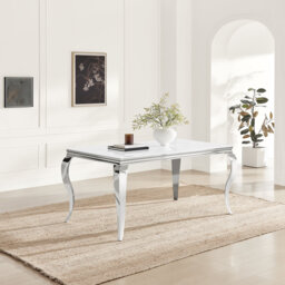 Weissport Rectangular White Marble Glass And Metal 6 Seater Dining Table - Elegant Bevelled Edge Finish