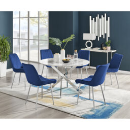 Tierra Modern Chrome Metal & Glass Round Dining Table Set with 6 Luxury Faux Leather Chairs