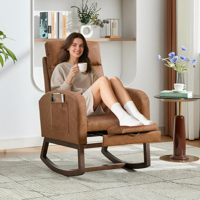 Rocking Chair Nursery Chairs with Foot Rest, Recliner Armchair with High Backrest& Wood Legs and Side Pocket for Living Room,Bedroom