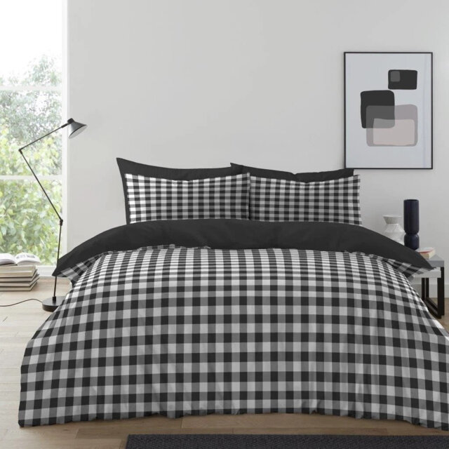 Luxury Gingham Microfibre Duvet Cover Set with Pillowcases Soft Breathable Easy Care Bedding All Sizes