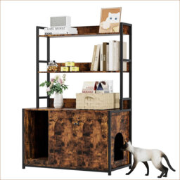 Litter Box Enclosure with Shelves, 52 Inch Large Hidden Cat Litter Box Enclosure Furniture with 2 Door, Wooden Cat House with Scratch Pad, Indoor Stor