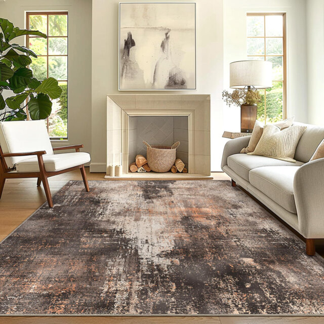 Modern Livid Abstract Low Pile Area Rug, Earthen Brown Carpet Faux Short Pile Area Rug for Dining Room Kitchen Office
