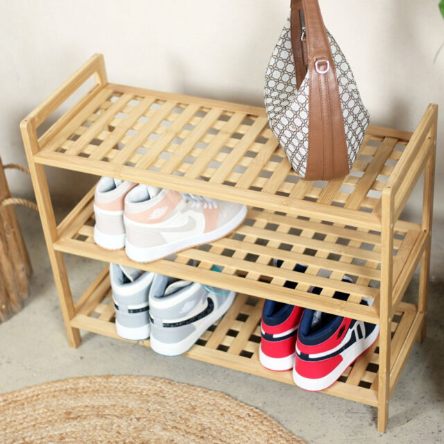 Bamboo Shoe Rack for Shoe Storage - Multi-Purpose  3-Tier Wooden Shoe Shelf L69 W28 H54.5 cm