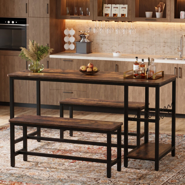 3 Piece Industrial Dining Table Set with 2 Benches, Rustic Wood Effect Kitchen Table with Wine Rack & Glass Holder for 4