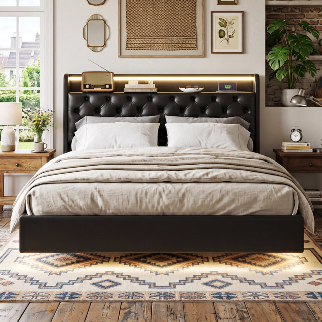Floating Ottoman Bed With LED Lights & Hidden Headboard Storage, Faux Leather Frame With USB-C, Black, European Double & King Size