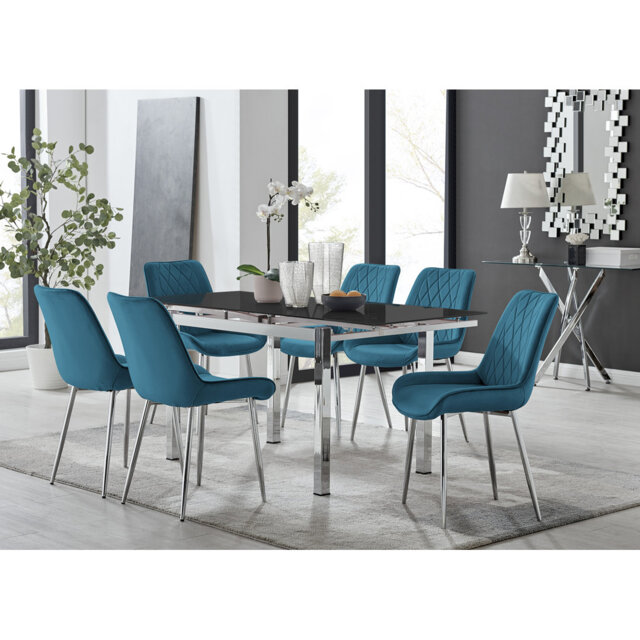 Tierra Modern Glass & Metal Extendable Dining Table Set & 6 Luxury Upholstered Velvet Dining Chairs