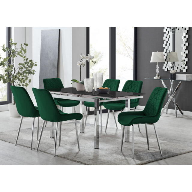Tierra Modern Glass & Metal Extendable Dining Table Set & 6 Luxury Upholstered Velvet Dining Chairs