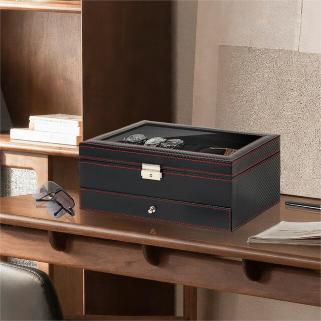 Watch Jewellery Box Organiser, Watch Case And Sunglasses Storage With Large Glass Lid, 6 Slots And 2 Layers, Men's Jewellery Box With Lock, Watch Hold