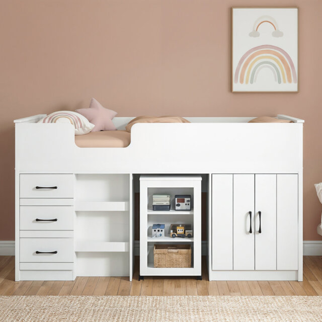 Limestone Tidore Single (3') Mid Sleeper Bed Frame with Built in Desk and Ladder