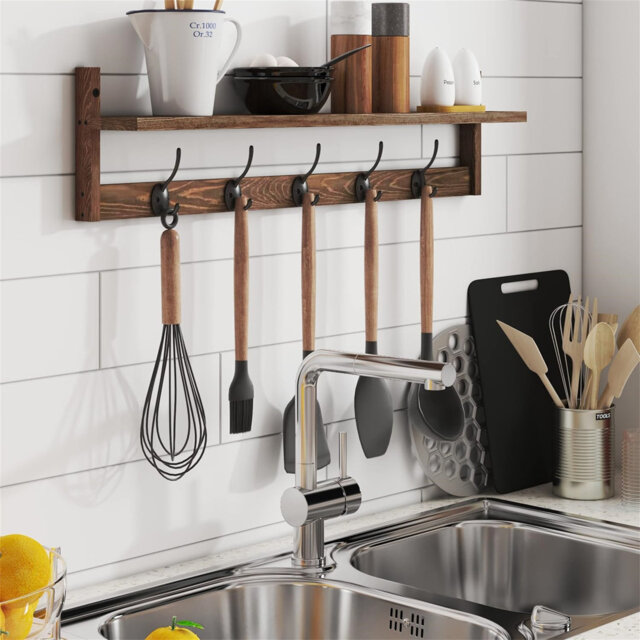 Wall-Mounted Shelf With Hooks Entryway Hanging Shelf Featuring 5 Dual Hooks, Key Rack Wall Mount For Bathroom, Living Room, Bedroom, Kitchen Decor