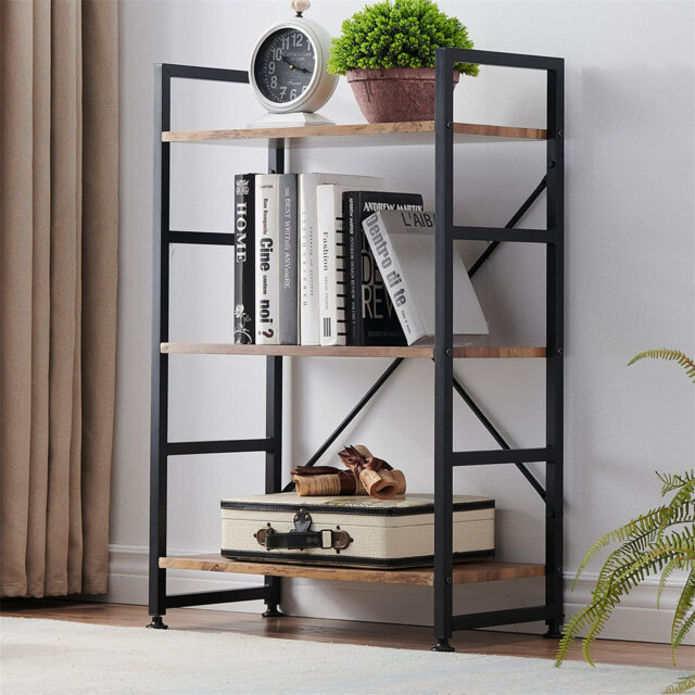 Industrial Bookshelf For Small Space, 3 Tier Wood Book Shelf And Bookcase With Metal Frame, Rustic Standing Unit Shelf Display Rack For Living Room/Ho
