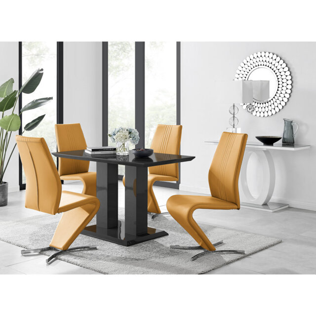 Edzard Double Pedestal High Gloss Dining Table Set with 4 Modern Faux Leather Dining Chairs