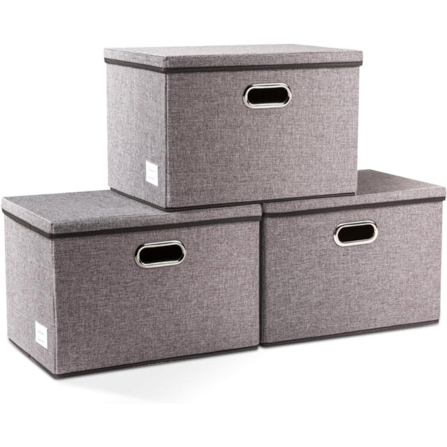 Large Collapsible Storage Bins With Lids [3-Pack] Linen Fabric Foldable Storage Boxes Organizer Containers Baskets Cube With Cover For Home Bedroom Cl