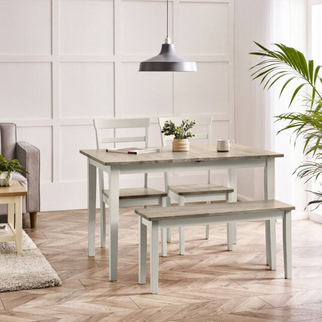 Alissah Solid Wood Extending Dining Table With 2 Whitley Chairs & 1 Alcazar Bench - Rustic Farmhouse