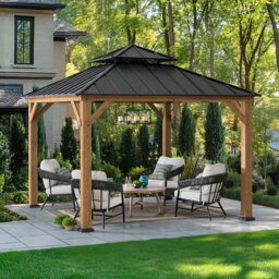 Sunjoy Outdoor Cedar Wooden Gazebo - 3.3M x 3.3M, Anthracite with 2-Tier Steel Roof - Outdoor Garden Pavilion for All Seasons
