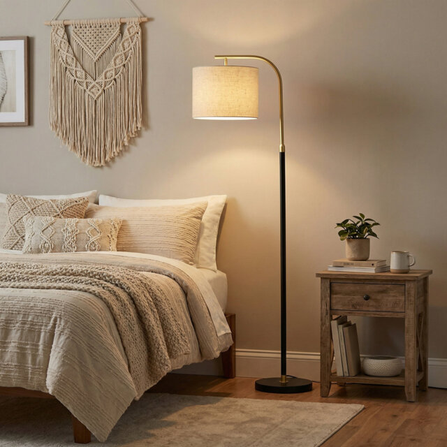 Arc Standing Lamp, Adjustable Height 150-175 Cm, Floor Lamp With Fabric Shade, For Living Room, Foot Switch, Black