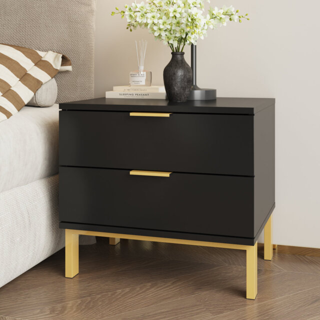 Black Bedside Table With 2 Drawers Bedside Cabinet Metal Legs Narrow Sidetable
